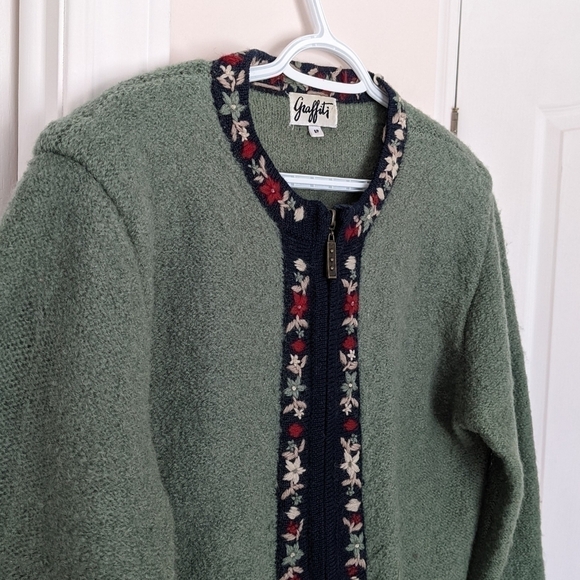 VINTAGE wool sage/olive green embroidered flowers knit cardigan Small @G - Picture 6 of 10